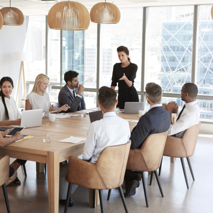 Businesswoman Stands To Address Meeting Around Board Table